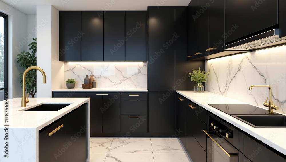Modern Black Kitchen With Gold Accents And Marble Countertops Modern Black Kitchen With Gold Accents And Marble Countertops