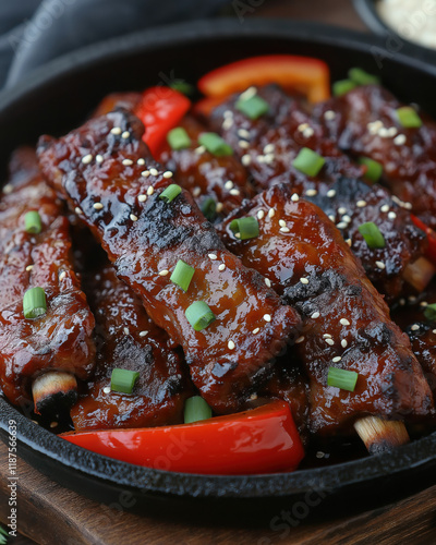 Korean BBQ Beef Short Ribs with Grilled Onions and Bell Peppers on a Sizzling Skillet