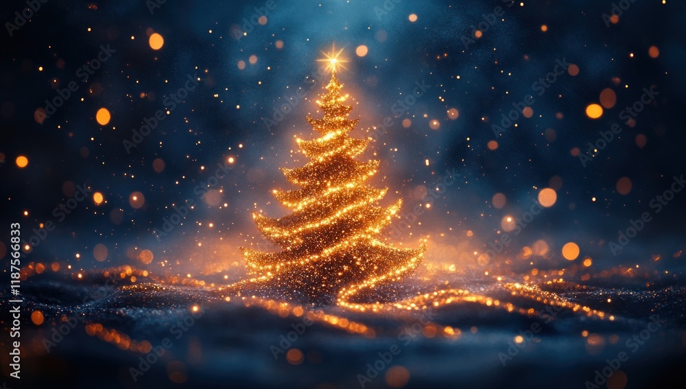 Naklejka premium Glowing Christmas Tree with Sparkling Lights and Dreamy Blue Background