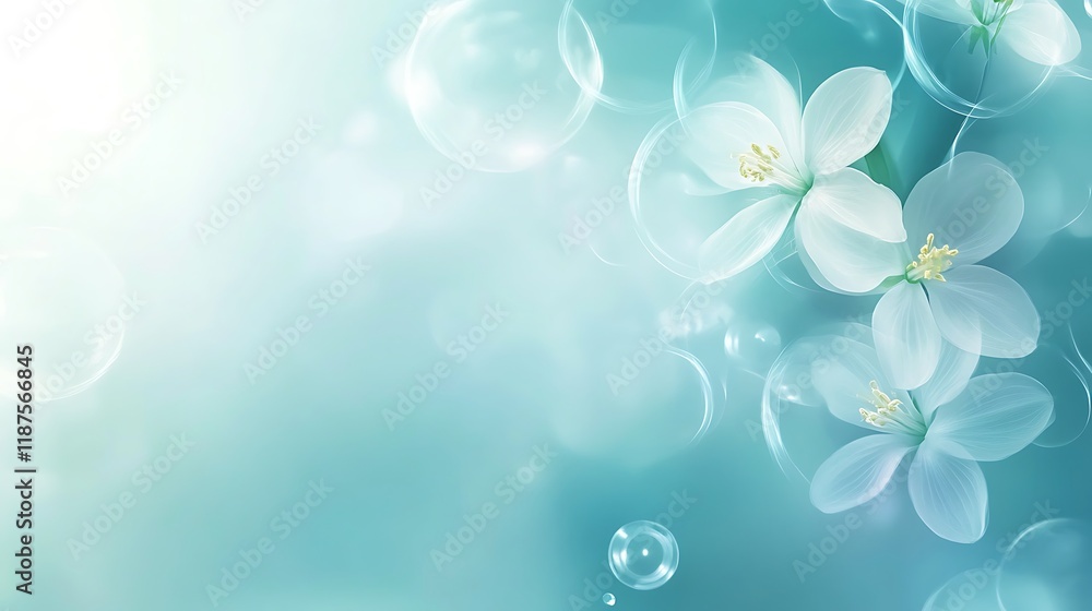 Delicate White Flowers and Bubbles in Teal Background Delicate White Flowers and Bubbles in Teal Background