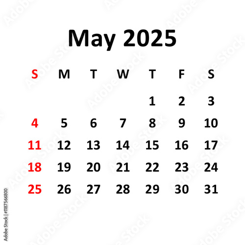 may 2025. Calendar with holydays or red dates. monthly calendar design with week starts on sunday. printable, simple, and clean vector design isolated on white background.