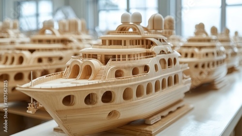 Intricate Wooden Yacht Models Displayed in a Workshop, Showcasing craftsmanship and attention to detail of maritime design and artistry, inviting exploration of the world of model shipbuilding. photo