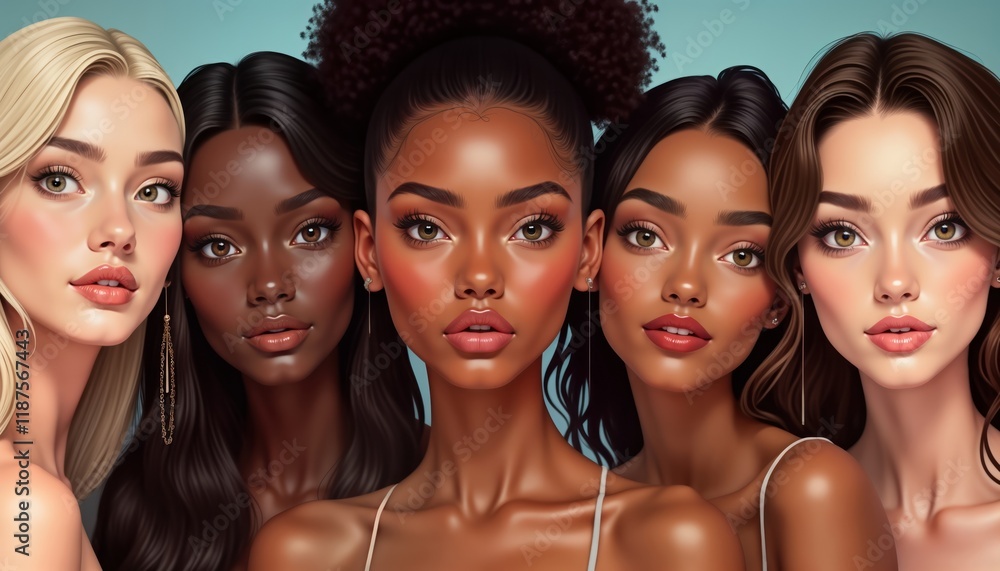 Fototapeta premium Beautiful diverse women with natural skin tones. Group portrait confident female models. Display healthy glow. Studio setting. Focus on natural beauty. Women young, attractive. Trendy style, wellness