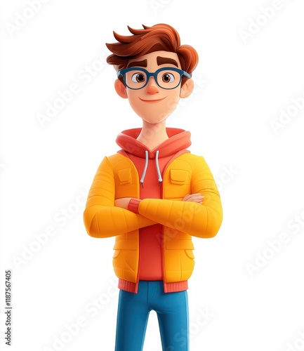 Confident Cartoon Character Nerd Larry with Arms Crossed in Business Setting