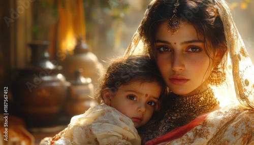 Mother Holding Child in Traditional Indian Setting with Soft Lighting and Intricate Textiles in Classical Painting Style photo