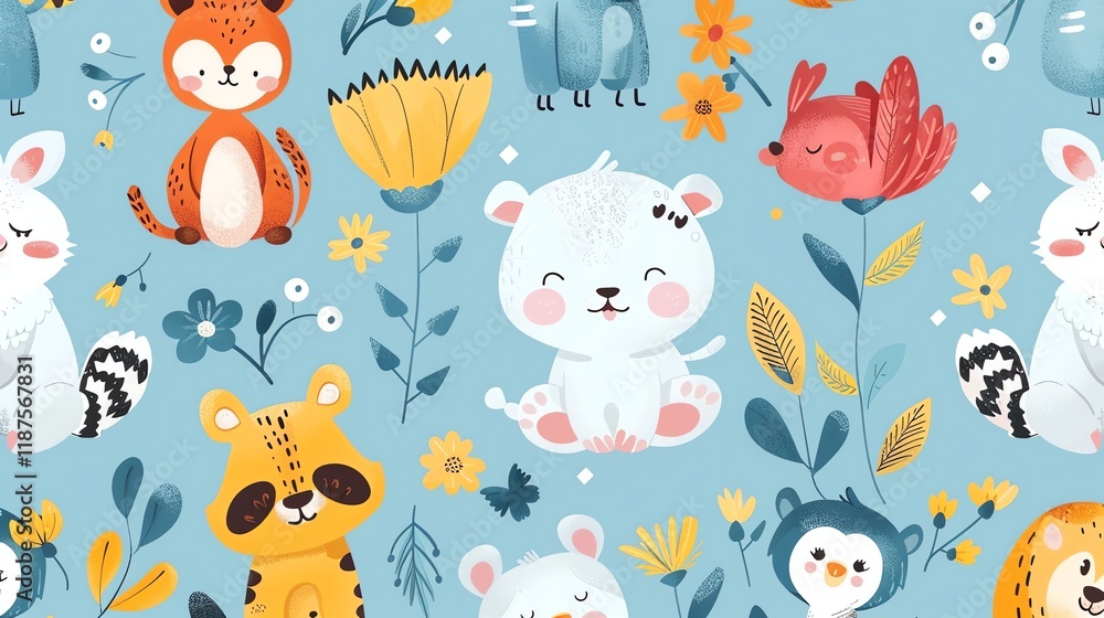 Obraz premium A whimsical and colorful pattern featuring cute cartoon animals and flowers against a light blue background.