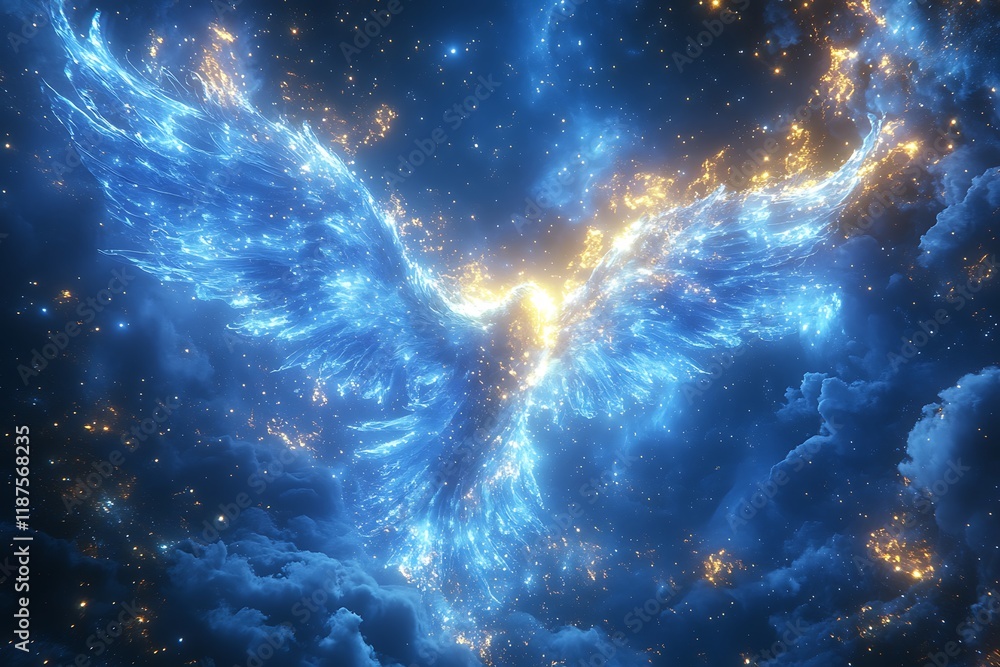 Obraz premium Celestial Phoenix Soaring Through Starry Clouds