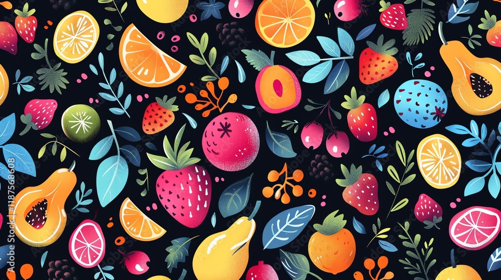 A seamless pattern with various fruits and leaves on a black background. A seamless pattern with various fruits and leaves on a black background.