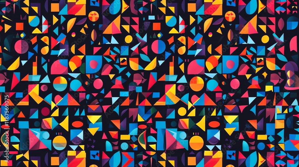 Fototapeta premium An abstract, colorful geometric pattern with overlapping circles, squares, and triangles in various bright shades.