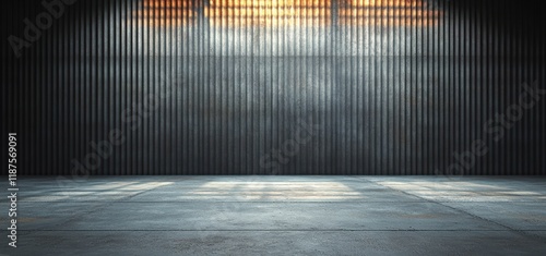 Minimalist industrial grey corrugated metal wall with ambient light and concrete floor texture for product display