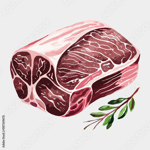 Watercolor Illustration of Raw Beef Steak with Herbs