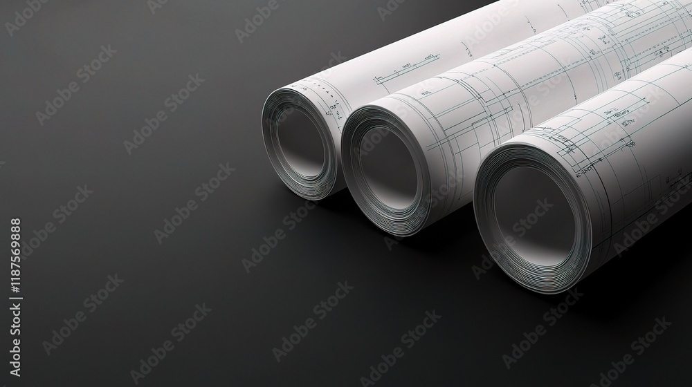 Fototapeta premium Architectural Blueprint Rolls on Dark Surface for Construction Projects