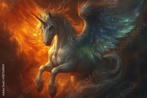 Winged Unicorn Soaring Through Fiery Clouds