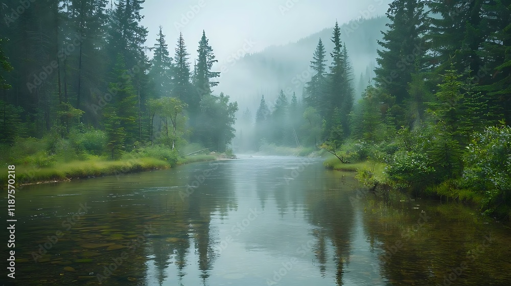 Fototapeta premium Misty river flowing through a lush green forest, reflecting trees and sky.