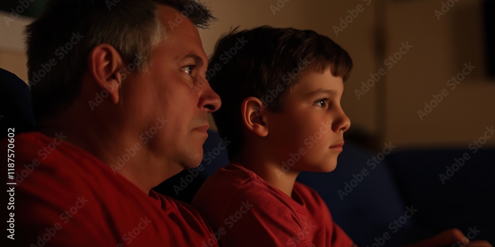 Obraz premium In a cozy atmosphere, a father and his son sit side by side, captivated by the screen before them, capturing the essence of family bonding and shared experiences.