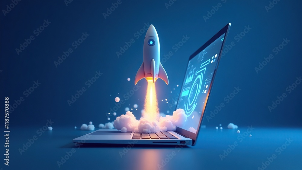 Rocket Launching From Laptop Screen Symbolizing Digital Startup Rocket Launching From Laptop Screen Symbolizing Digital Startup