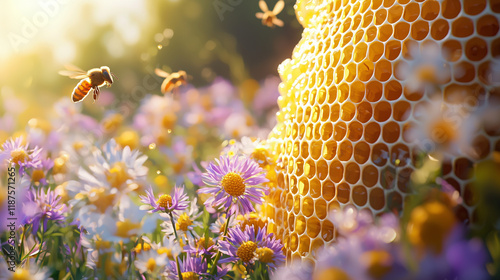 A golden honeycomb, filled with honey, is surrounded by busy bees pollinating wildflowers in a sunlit meadow. Vibrant blooms and active insects create a lively scene. photo