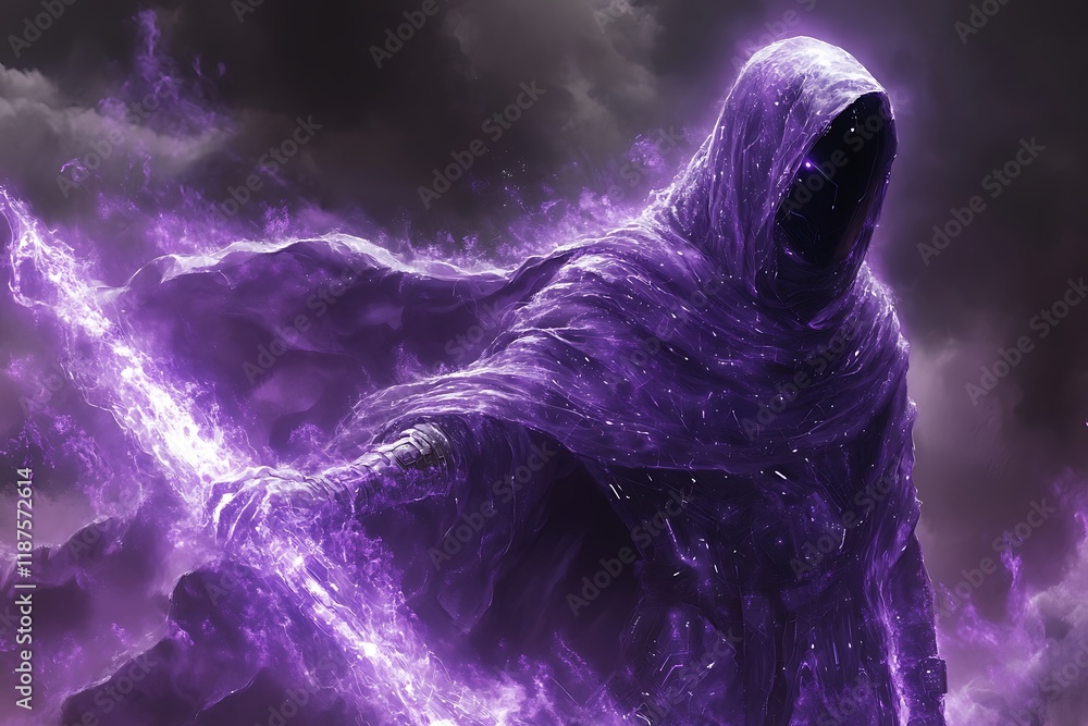 Obraz premium Hooded Figure Embracing Purple Energetic Flames