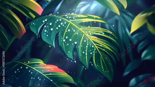 Morning dew glistening on a vibrant tropical leaf. concept nature, tropical, morning, dew, leaf,. Dewfall. Illustration photo