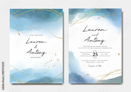 Blue and gold abstract watercolor wedding invitation template