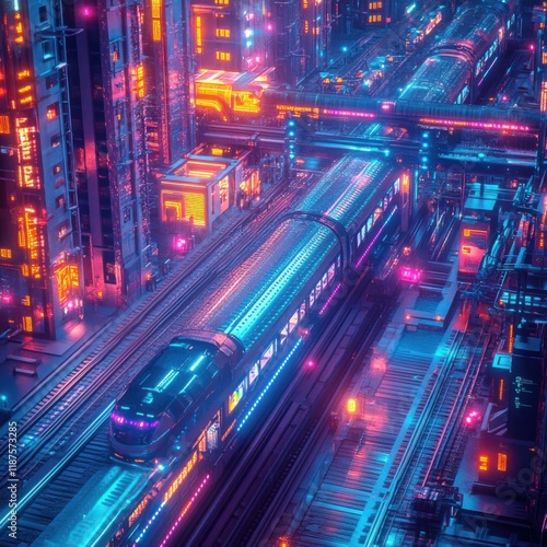 Futuristic Cityscape with Neon Train photo