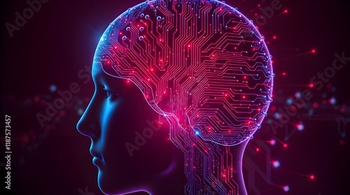 Digital image of a human head filled with circuitry and glowing data, symbolizing artificial intelligence. Rich burgundy and deep blue, epic scale, lens glow lighting, modern futuristic aestheti photo