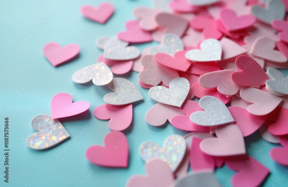 Fototapeta premium Shiny heart-shaped confetti in pink white, silver colors on light blue background. Perfect for Valentine Day romantic celebration. Festive, cute design. Ideal for cards banners, party decorations.