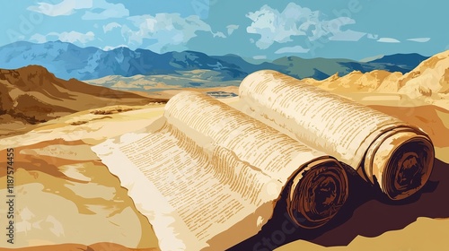 Ancient Scrolls in Desert Landscape: A Testament to History photo