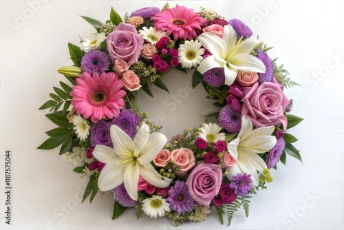 olorful flower arrangement wreath for funerals isolated on white photo