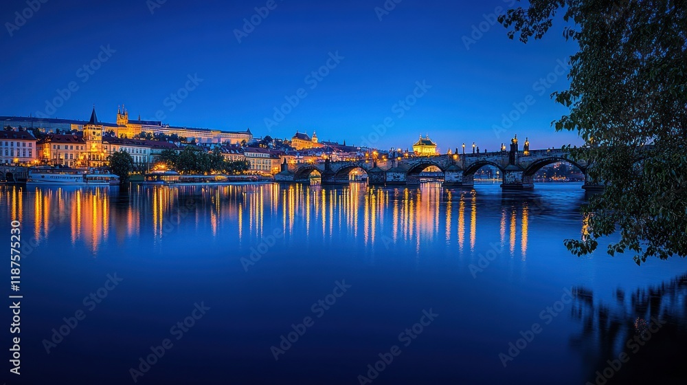 Obraz premium Night cityscape with illuminated bridge reflecting on calm river water.