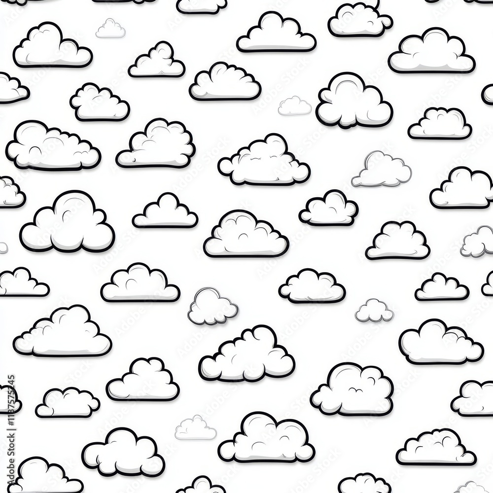 A seamless black and white modern pattern with clouds and a linear doodle design A seamless black and white modern pattern with clouds and a linear doodle design