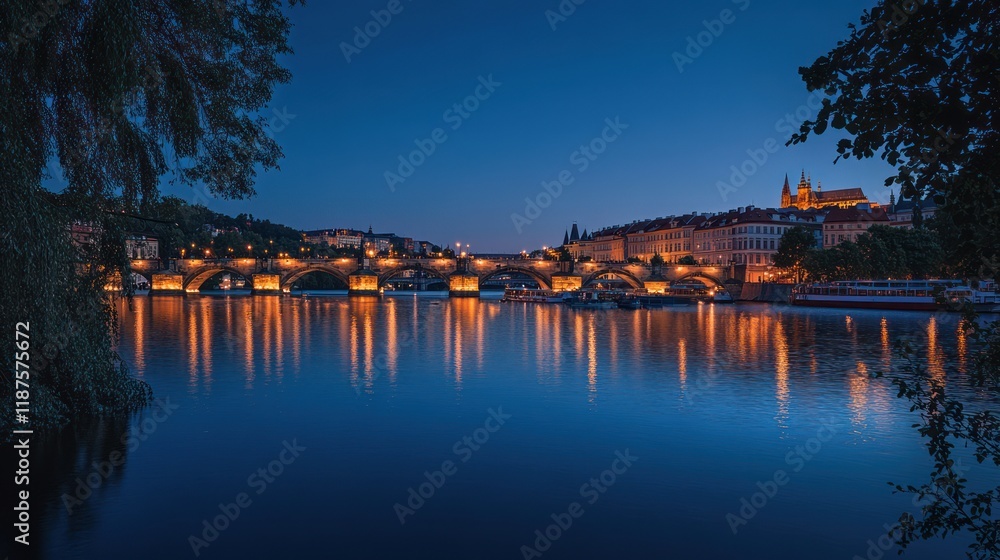 Obraz premium Night view of a city bridge and river with illuminated buildings and reflections.