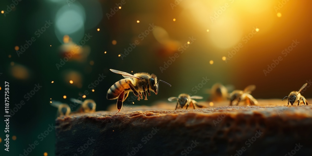 A stunning close-up of bees actively pollinating flowers, showcasing their crucial role in the ecosystem during a warm sunrise with vibrant colors of nature.