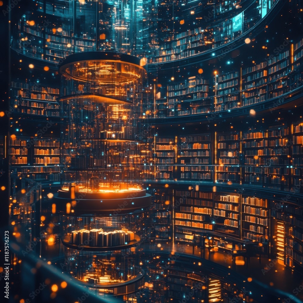 Futuristic Library with Glowing Shelves and Lights