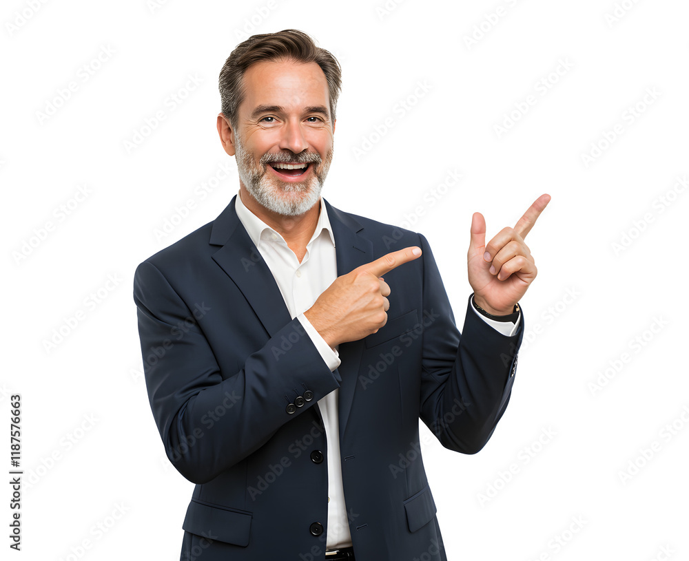 Handsome smiling male executive pointing his finger Handsome smiling male executive pointing his finger