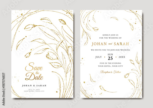 Elegant wedding invitation template with gold florals