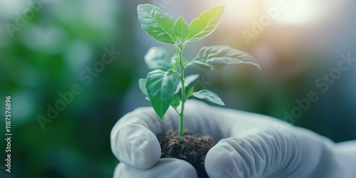 A small green seedling held gently in gloved hands symbolizes hope, growth, and a nurturing spirit, emphasizing the importance of caring for our environment.