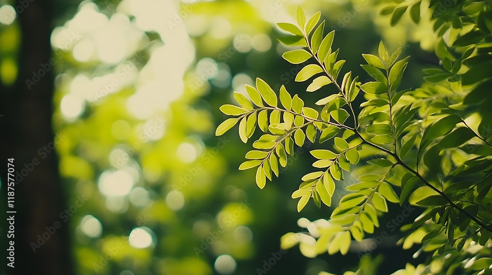 Obraz premium Sunlit Green Leaves Branching Outward In Nature