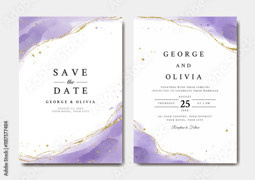 Watercolor wedding invitation template with purple and gold abstract