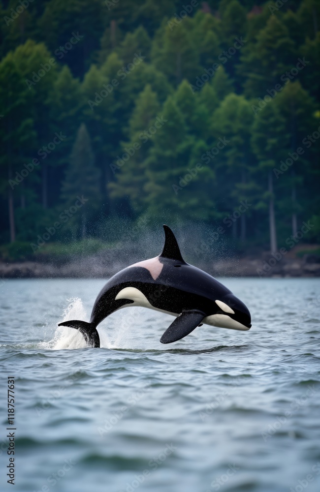 Obraz premium Orca whale leaps high above water surface near Cowichan Bay. Majestic marine animal jumps out of water. Green forest lines water edge. Wildlife photography captures powerful marine mammal. Nature