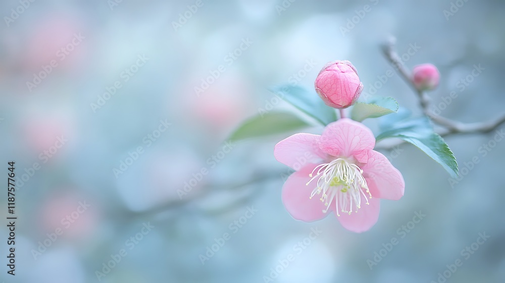 Fototapeta premium Delicate Pink Flower Blossom with Bud and Soft Background