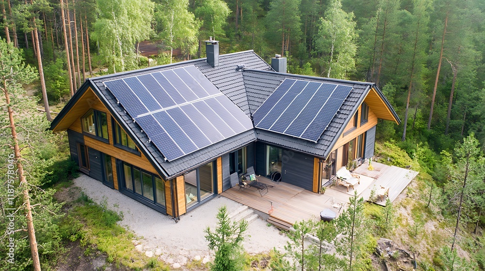 Eco-Friendly Modern House with Solar Panels in a Lush Forest Setting Eco-Friendly Modern House with Solar Panels in a Lush Forest Setting