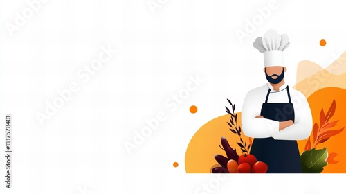 Fototapeta Naklejka Na Ścianę i Meble -  Confident male chef with arms crossed, standing proudly beside fresh vegetables against an orange and white background.