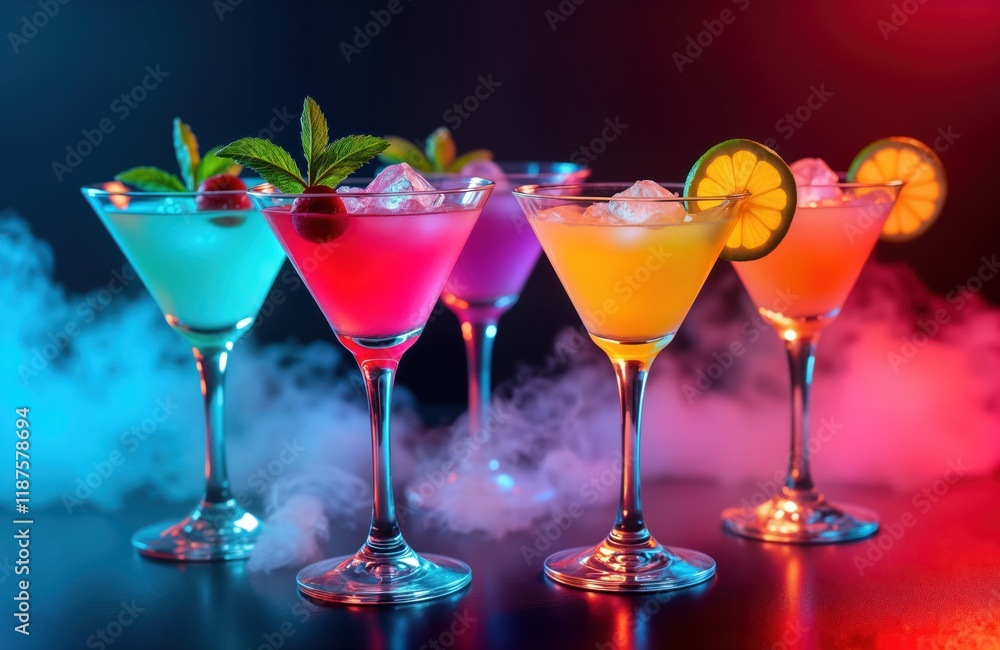 Colorful cocktails in neon lit cyberpunk bar. Refreshing multicolored fruit cocktails with ice, lemon, mint in martini glasses. Nightclub party atmosphere with vibrant colors, smoky background. Party Colorful cocktails in neon lit cyberpunk bar. Refreshing multicolored fruit cocktails with ice, lemon, mint in martini glasses. Nightclub party atmosphere with vibrant colors, smoky background. Party