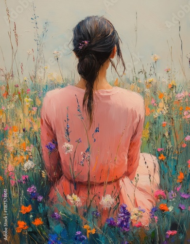 Serene Figure in Pink Robe Surrounded by Vibrant Wildflowers in Dreamy Impressionism Style photo