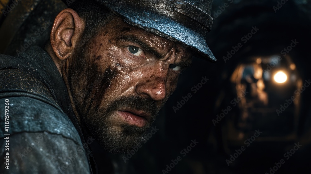 A close-up of a miner's face, sweating and intensely focused, working diligently in a dimly lit underground mine. A close-up of a miner's face, sweating and intensely focused, working diligently in a dimly lit underground mine.