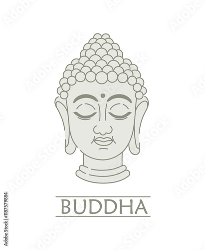 Vector illustration of Buddha's face with closed eyes. Symbolizes calmness, harmony and spiritual enlightenment. Ideal for banners and flyers on meditation, yoga and cultural projects.
