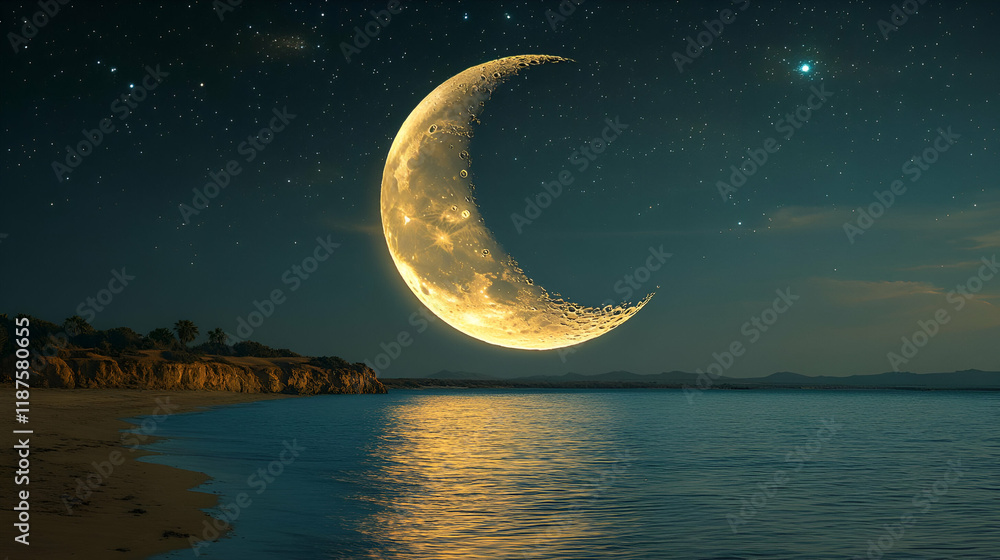 Fototapeta premium Crescent Moon over a Calm Ocean at Night: A Serene Coastal Landscape