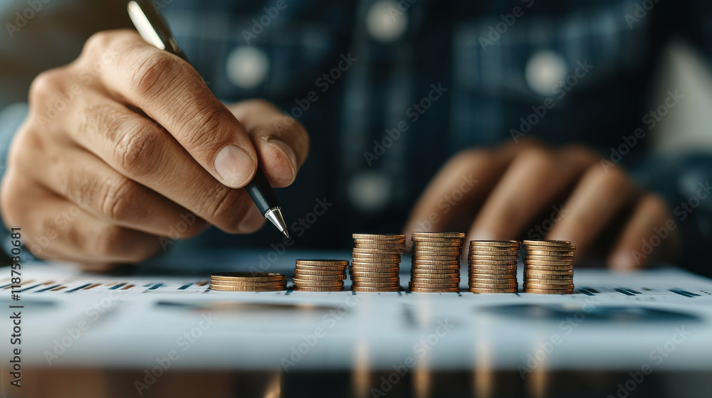 Analyzing financial data, financial expert stacks coins while reviewing charts. This close up captures essence of investment and economic growth Analyzing financial data, financial expert stacks coins while reviewing charts. This close up captures essence of investment and economic growth
