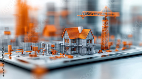 Fototapeta Naklejka Na Ścianę i Meble -  close up of digital tablet displaying architectural model of house with construction elements, showcasing modern design and vibrant colors